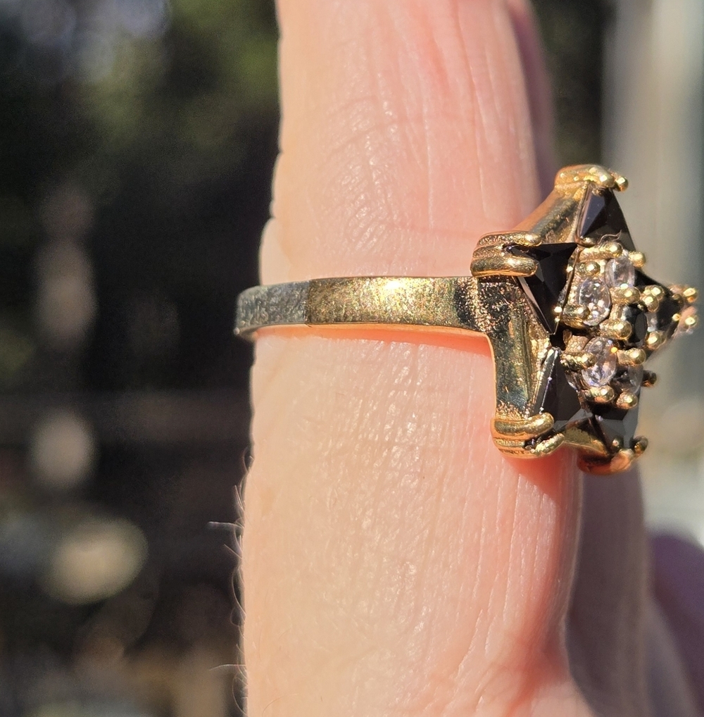 Black onyx & white Topaz star Sterling Gold & Bronze ring sz8 - Picture 6 of 10